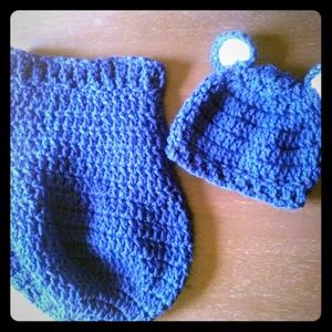 NWOT- Crochet newborn boy Teddy Bear cocoon.